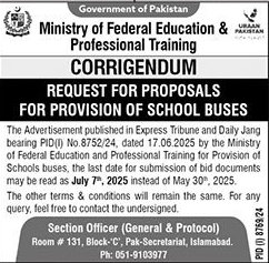 Ministry of Federal Education & Professional Training Islamabad Tender Notice